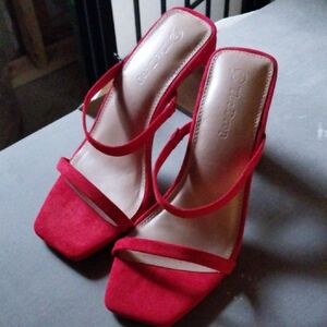Red Strappy Block Heel Sandals by Qupid